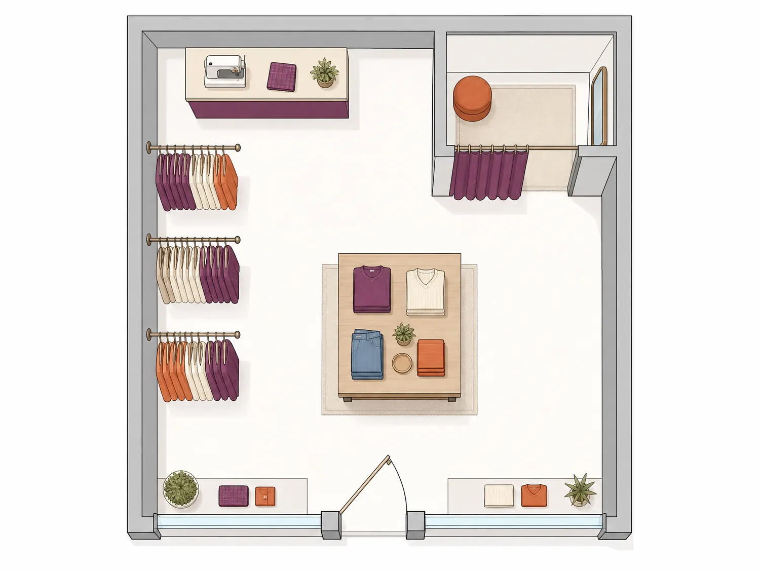 Plano de la tienda con el escaparate, las burras de ropa, la cabina de prueba y la mesa de arreglos